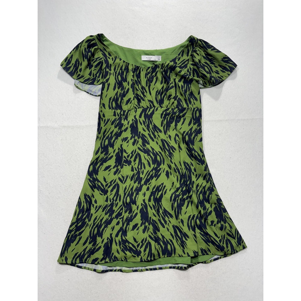 Ali & Jay Elevated Taste Mini Dress Womens Large Green Animal Print Short Sleeve